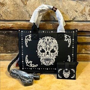 Montana West Sugar Skull Embroidery Black Faux Leather Conceal Carry Crossbody